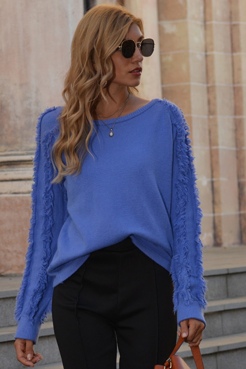 Damen-Pullover mit Rundhalsausschnitt, kurz, aus Polyester, mit Fransen-1