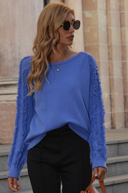 Damen-Pullover mit Rundhalsausschnitt, kurz, aus Polyester, mit Fransen-1