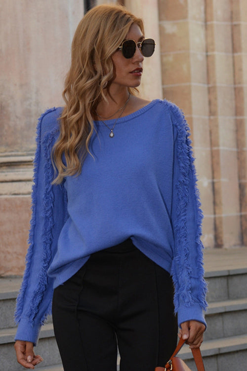 Damen-Pullover mit Rundhalsausschnitt, kurz, aus Polyester, mit Fransen-1