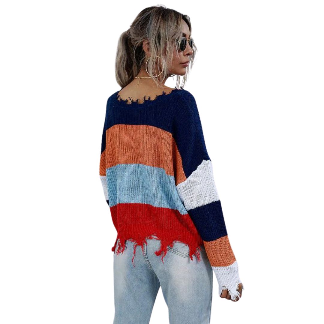 Damen-Strickpullover, V-Ausschnitt mit gestreiftem Muster und ausgefranstem Saum-4