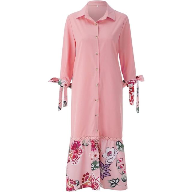 Maxikleid Damen Blumenmuster Knopfleiste Weicher Baumwollmix-2