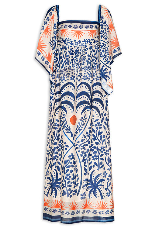 Damen-Maxikleid, eckiger Kragen, bedruckte Baumwolle, und Polyester-3
