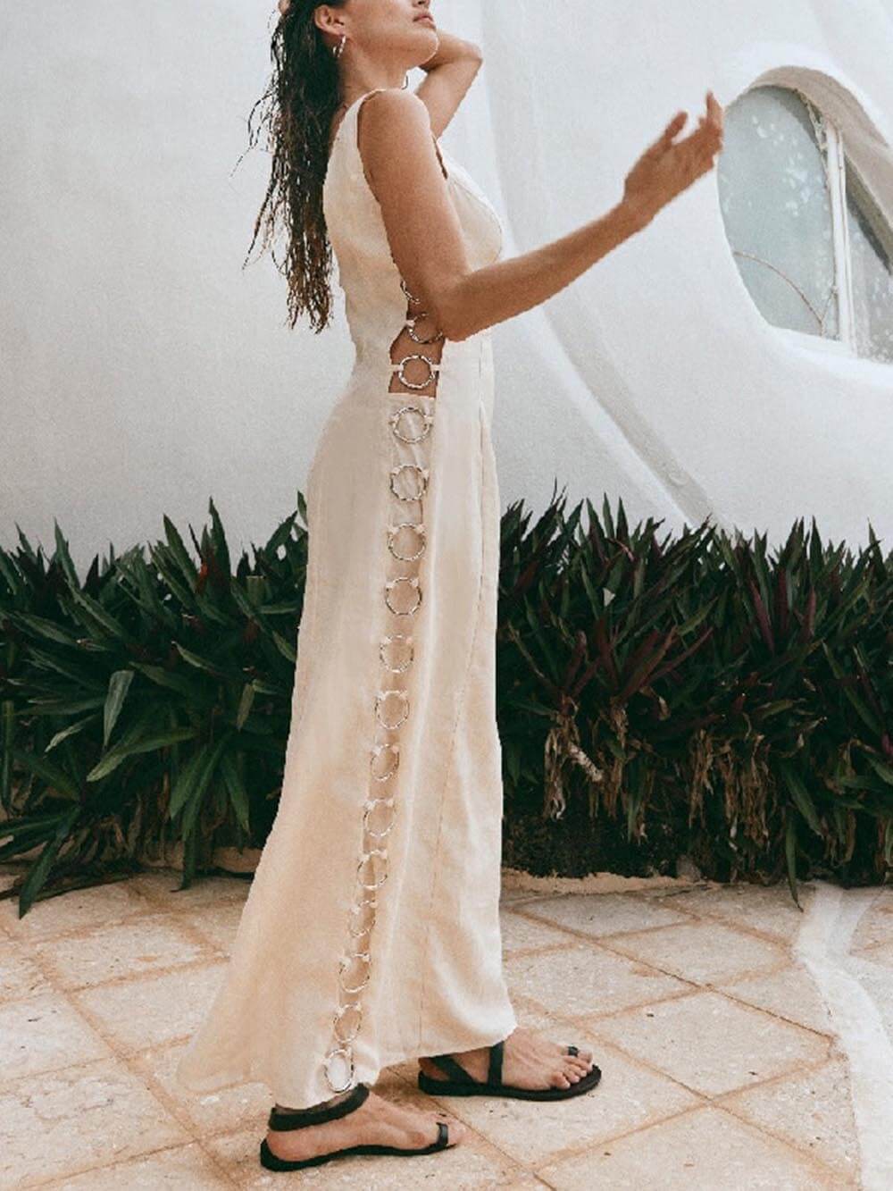 Damen-Midikleid, ärmelloser eleganter hochwertiger Stoff 4