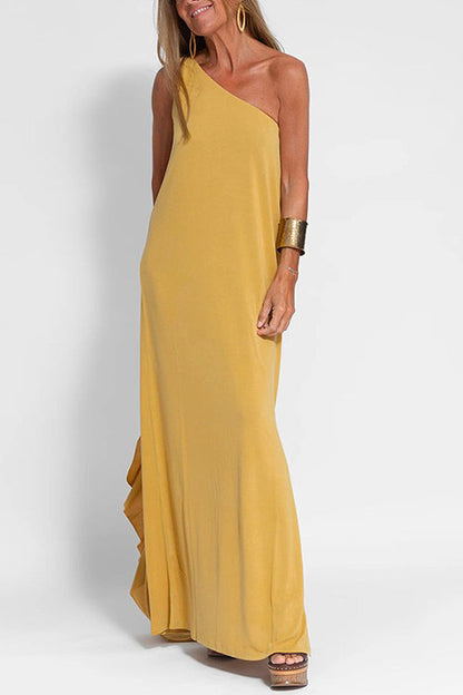 Maxikleid Damen Ein-Schulter Seitenschlitz Baumwolle Polyester-3