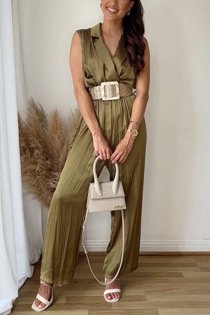 Damen-Jumpsuit Ärmellos V-Ausschnitt Weites Bein Baumwolle Polyester-2