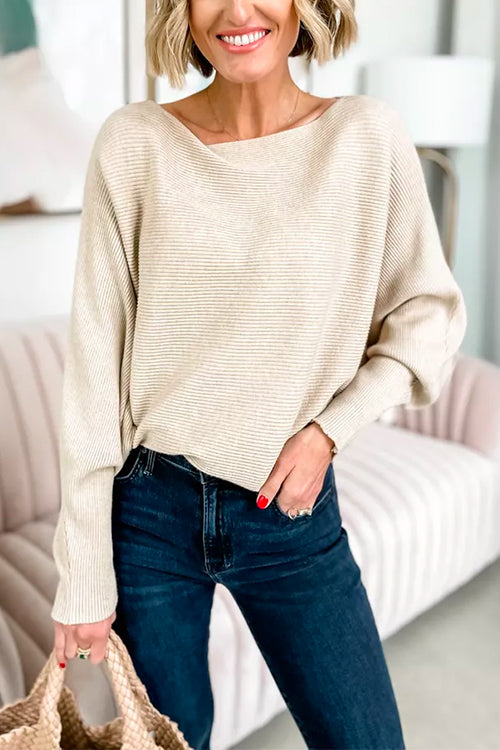 Damen-Strickpullover, U-Boot-Ausschnitt, gerippte weiche Baumwolle, Polyester-1
