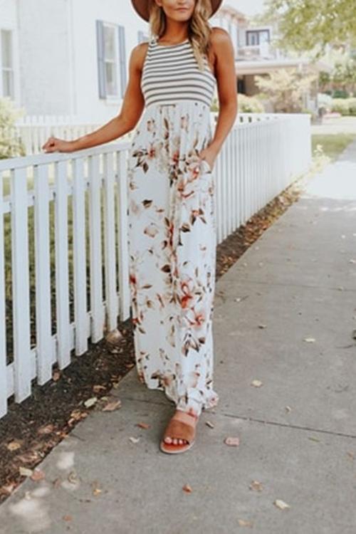 Damen-Maxikleid, Ärmelloses Geblümtes Polyester-3