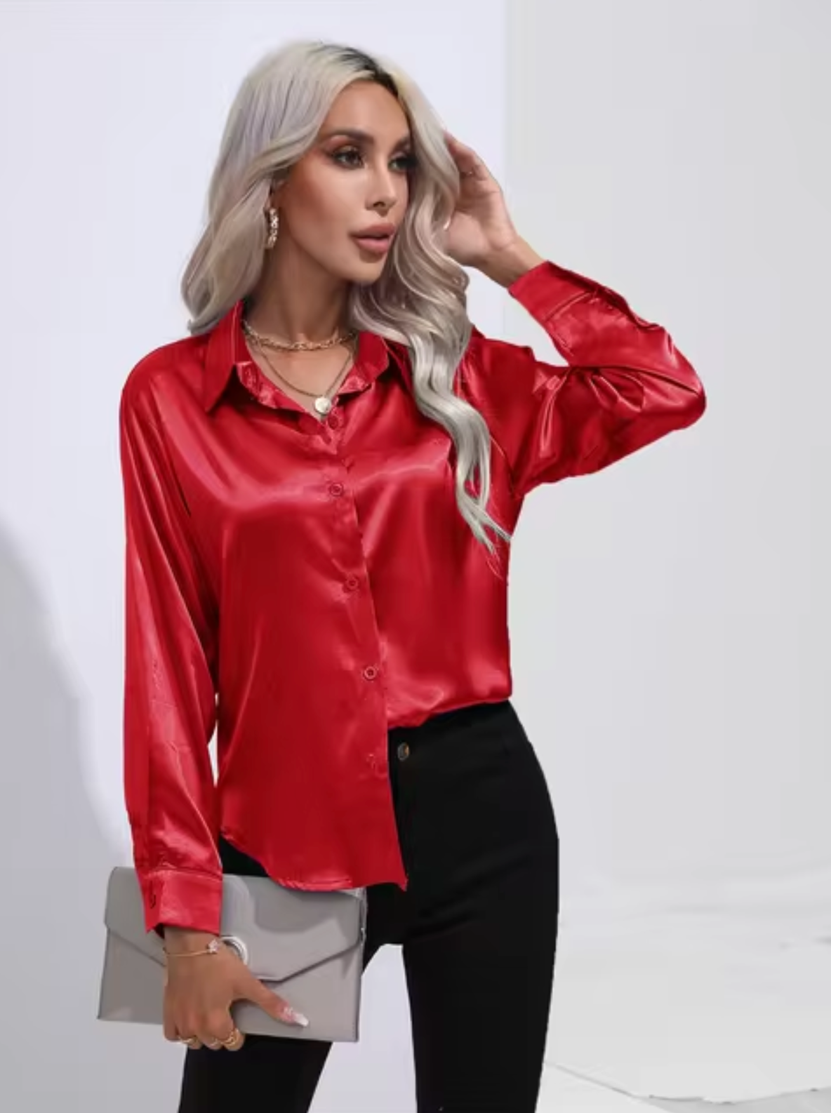 Variant image for Damenbluse Langarm Satin eleganter V-Ausschnitt-46