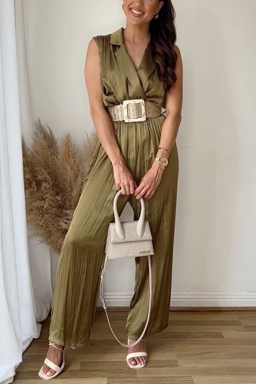Damen-Jumpsuit Ärmellos V-Ausschnitt Weites Bein Baumwolle Polyester-1