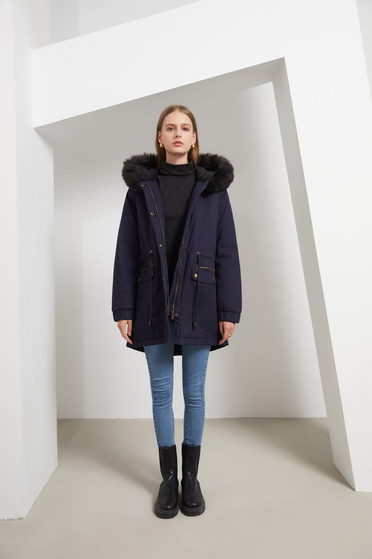 Damen-Parka-Mantel mit Fleecefutter und Kapuze, Baumwolle, Polyester-6