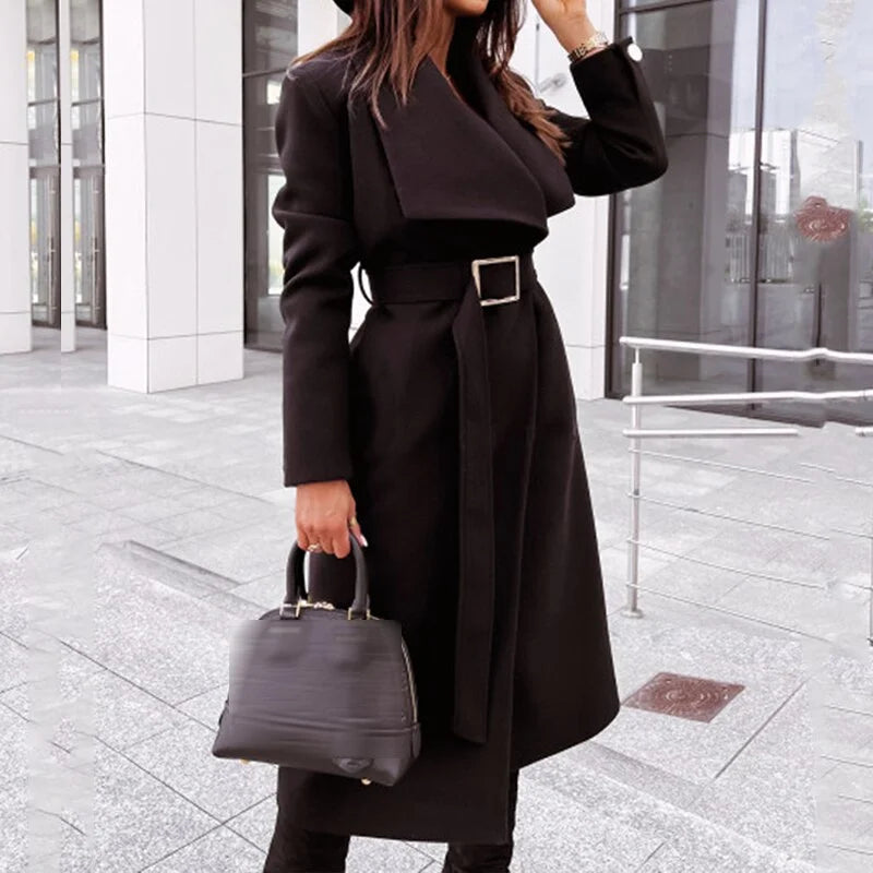 Langer Wintermantel Damen Elegant Wollmischung Isoliert-3