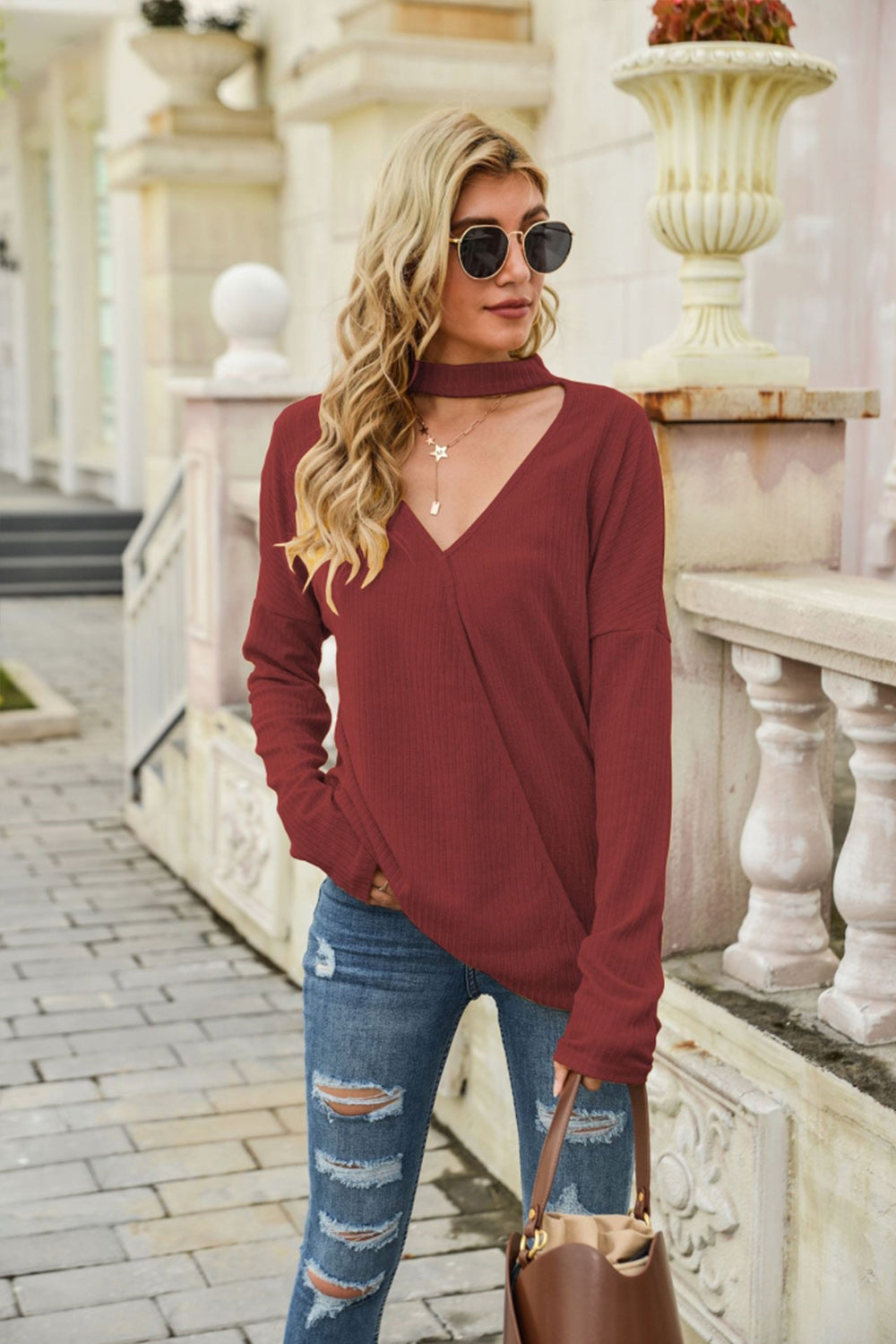 Damen-Pullover, tieferer V-Ausschnitt, kurze Ärmel, Polyester-4
