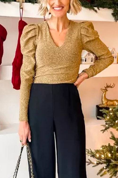 Damen-Festtop, glitzernd, langärmlig, mit V-Ausschnitt, glänzend, Material-1