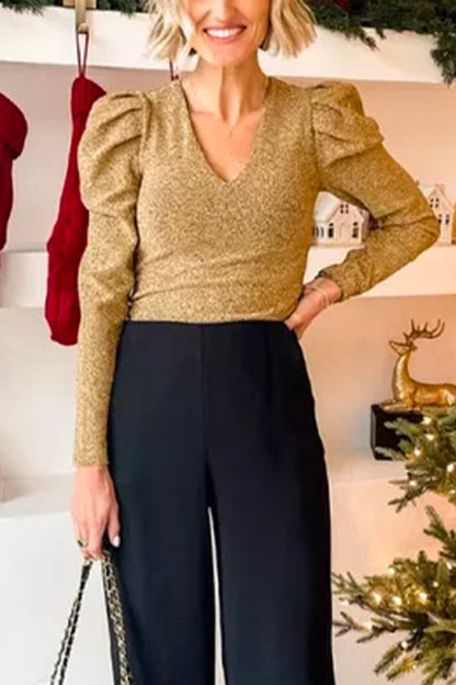 Damen-Festtop, glitzernd, langärmlig, mit V-Ausschnitt, glänzend, Material-1