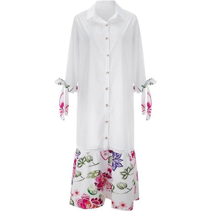 Maxikleid Damen Blumenmuster Knopfleiste Weicher Baumwollmix-5