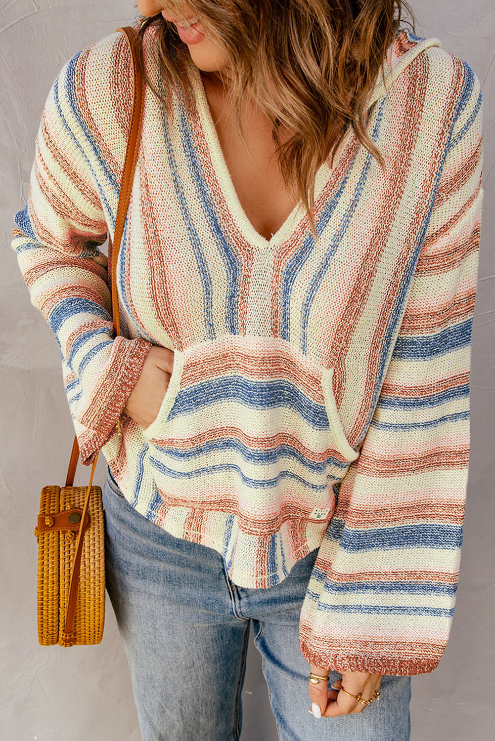 Damen-Hoodie V-Ausschnitt Gestreiftes Design Weicher Stoff-4