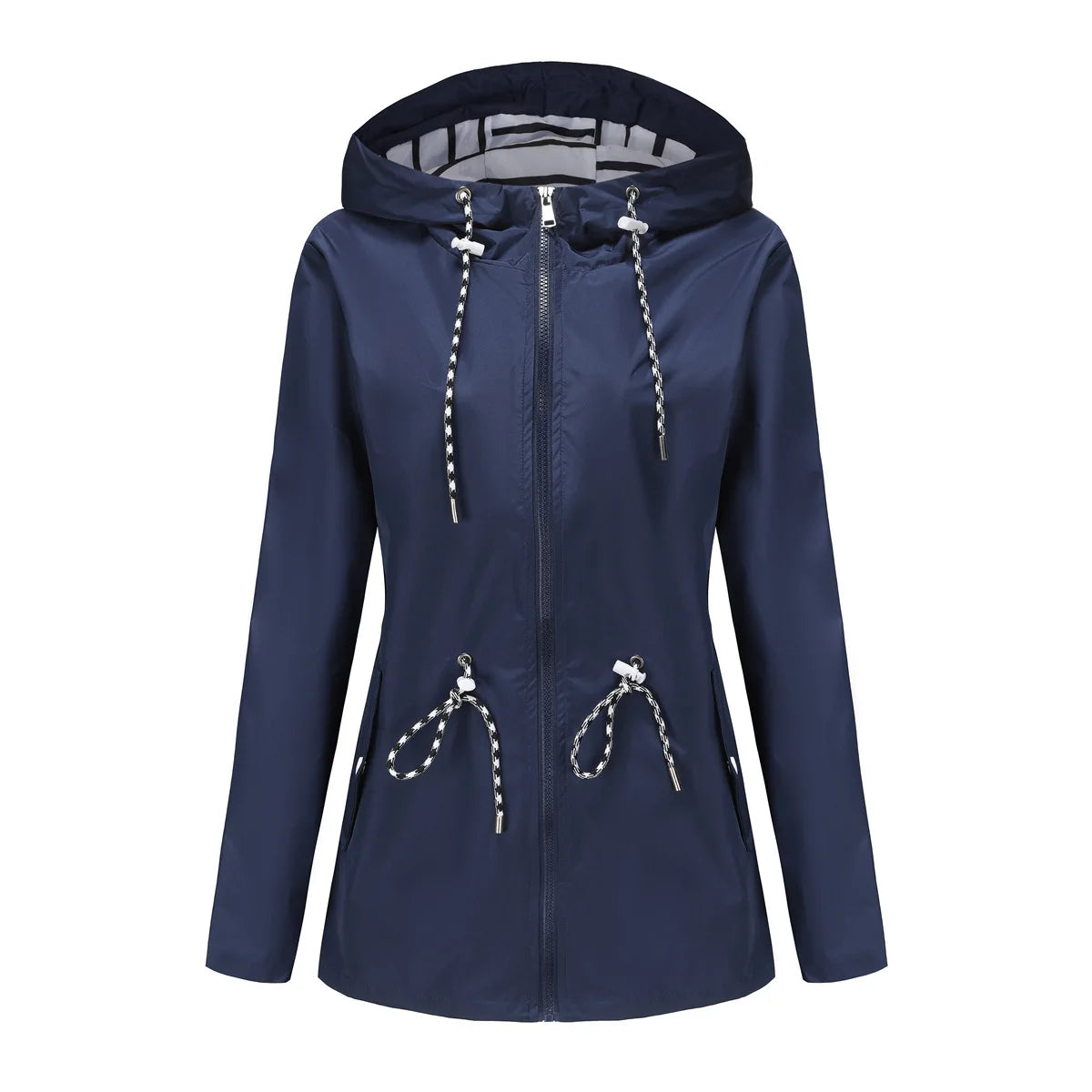 Wasserdichte Damenjacke in elegantem Design – atmungsaktives Polyester, lang und schick, schwarz, Damenjacken, mehrere Taschen 7