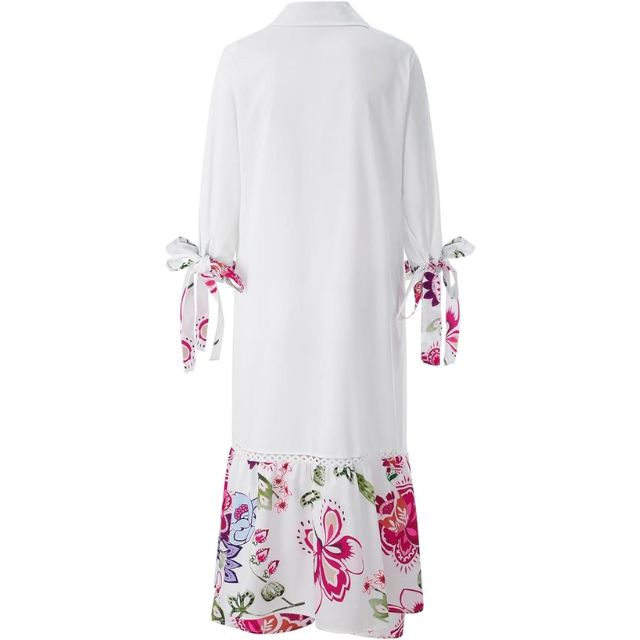 Maxikleid Damen Blumenmuster Knopfleiste Weicher Baumwollmix-4