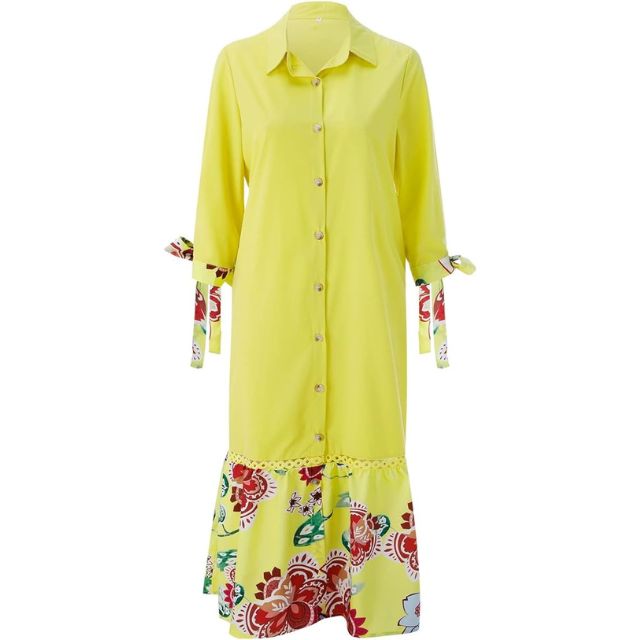Maxikleid Damen Blumenmuster Knopfleiste Weicher Baumwollmix-6