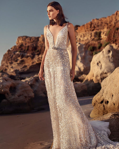 Damen-Slipkleid, V-Ausschnitt, Paillettenstoff, eleganter ausgestellter Rock-1
