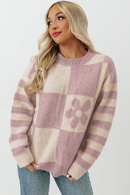 Blumen-Stricktop für Frauen mit gestreiften Ärmeln – lockere Passform aus hochwertigem Strickstoff, perfekt für Frühlings- und Sommeroutfits 5