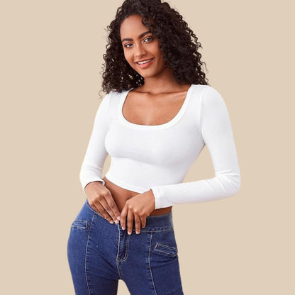 Damen-Crop-Top, gerippt, langärmelig, Stretchmaterial-1