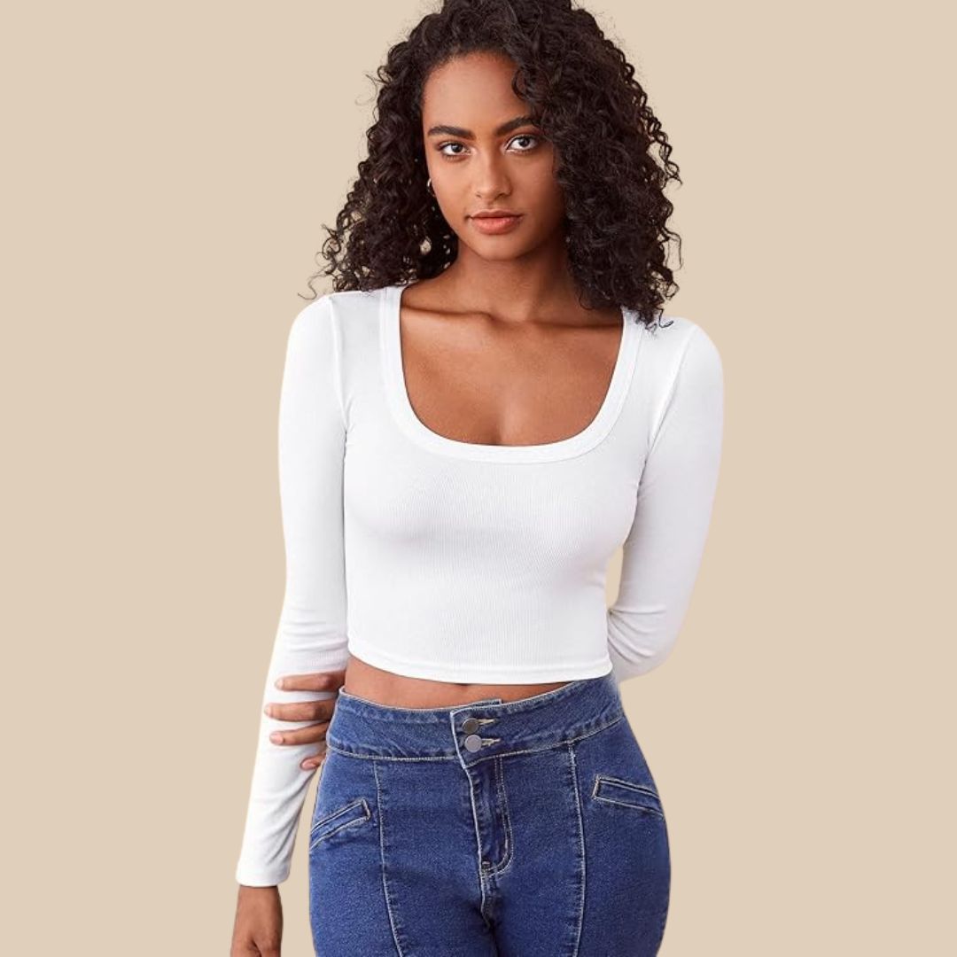 Damen-Croptop, gerippt, langärmelig, Stretchmaterial-3
