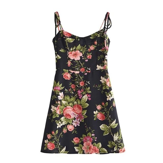 Damenkleid A-Linie Verstellbare Träger Polyester Blumenmuster-1