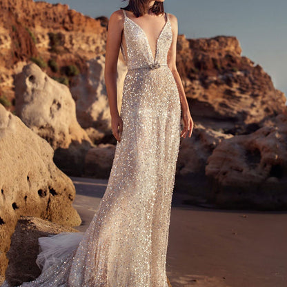 Damen-Slipkleid, V-Ausschnitt, Paillettenstoff, eleganter ausgestellter Rock-5