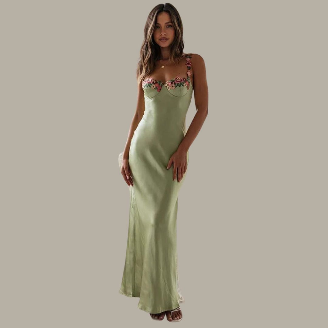 Elegantes Damenkleid aus Satin mit bestickten Blumen und schmaler Passform – Perfekt für Gartenpartys und Sommerabende 5