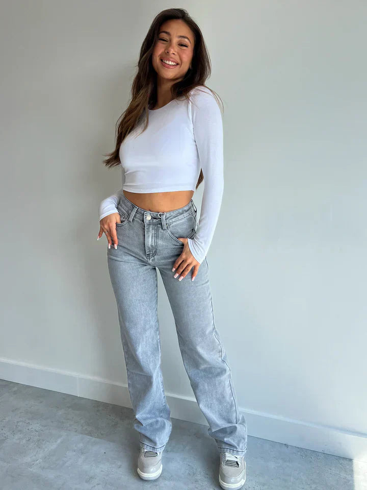 Damen-Jeans High Waist Gerader Schnitt Hochwertiger Denim-2