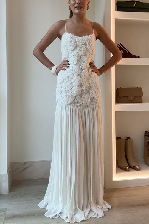 Damen-Maxikleid, Blumen-Applikation, Spaghettiträger, Baumwolle, Polyester-1