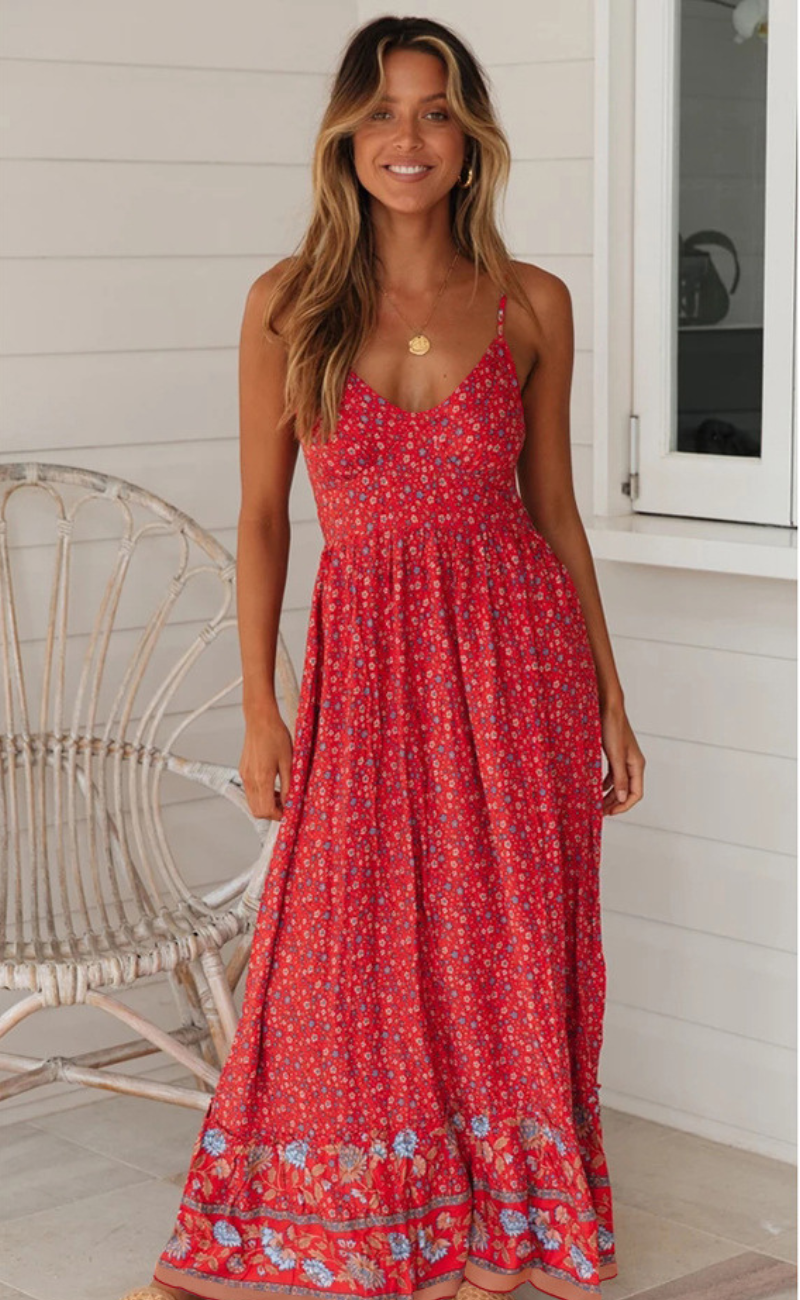 Damenkleid Boho-Stil mit Blumenmuster Leichter Stoff 5
