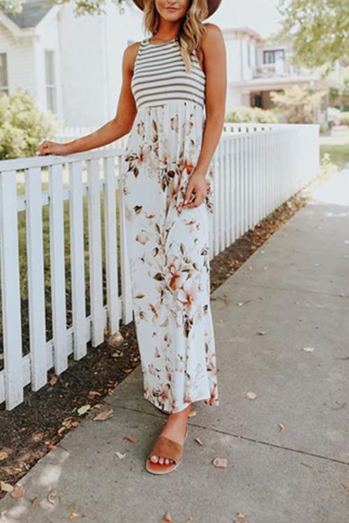 Damen-Maxikleid, Ärmelloses Geblümtes Polyester-4