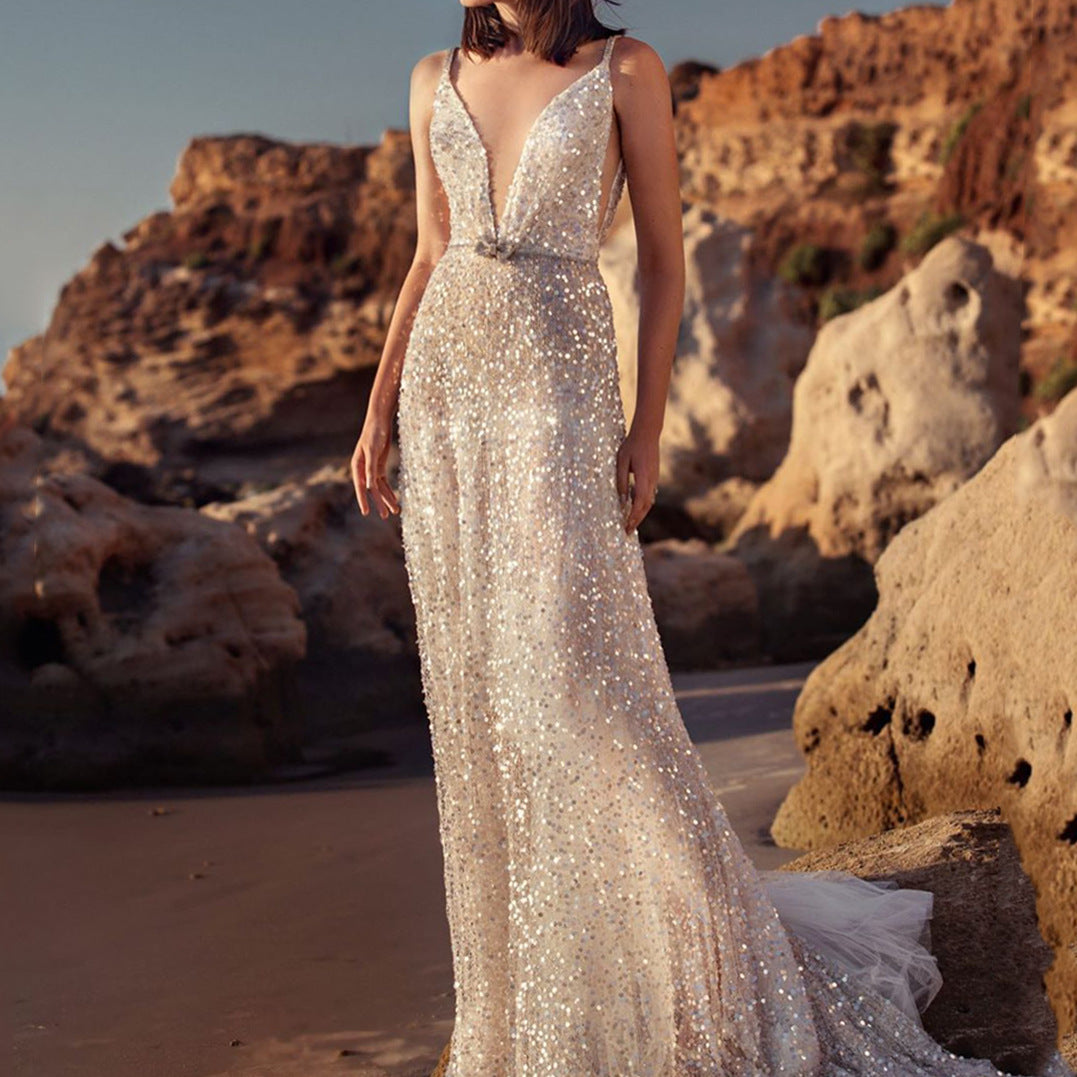Damen-Slipkleid, V-Ausschnitt, Paillettenstoff, eleganter ausgestellter Rock-2
