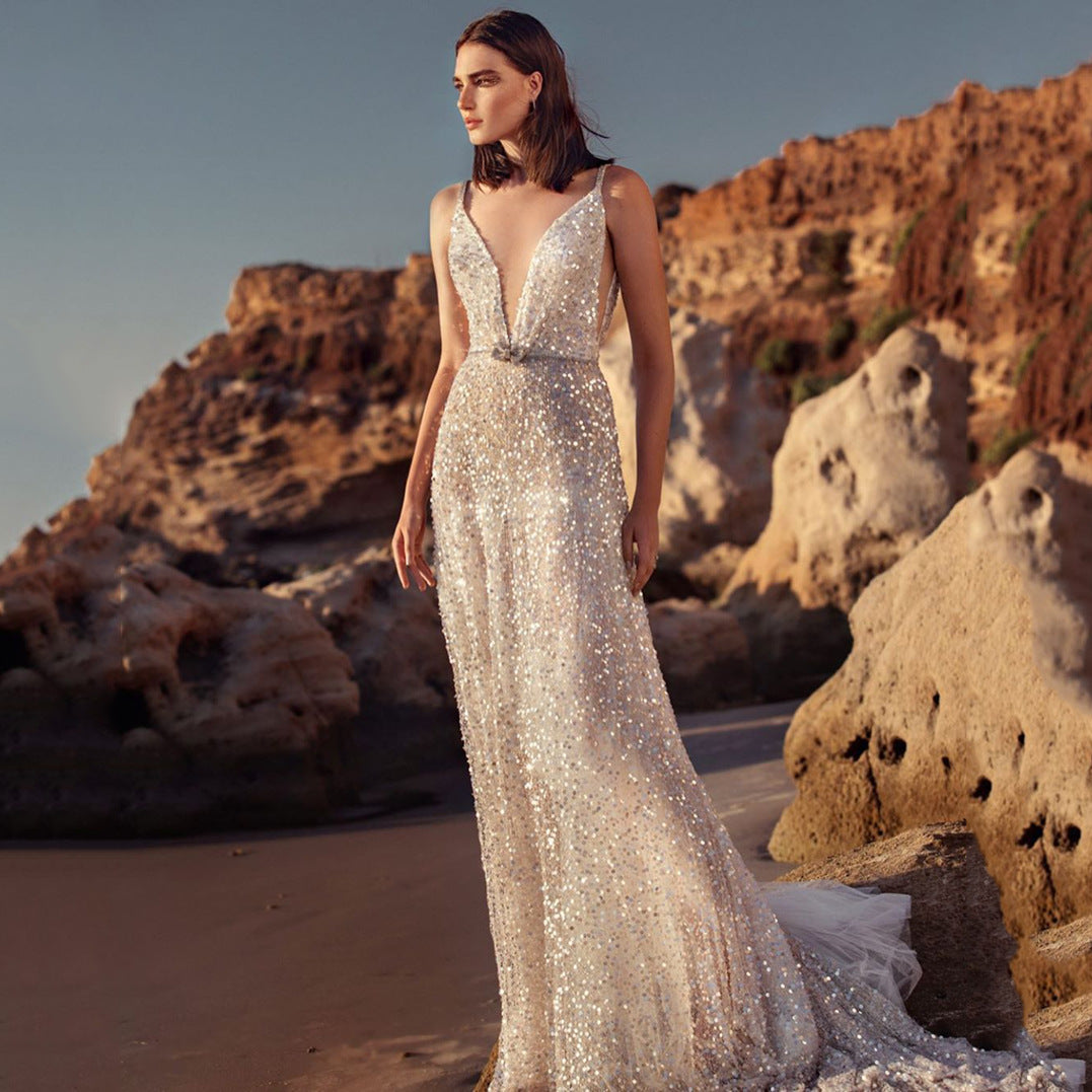 Damen-Slipkleid, V-Ausschnitt, Paillettenstoff, eleganter ausgestellter Rock-3