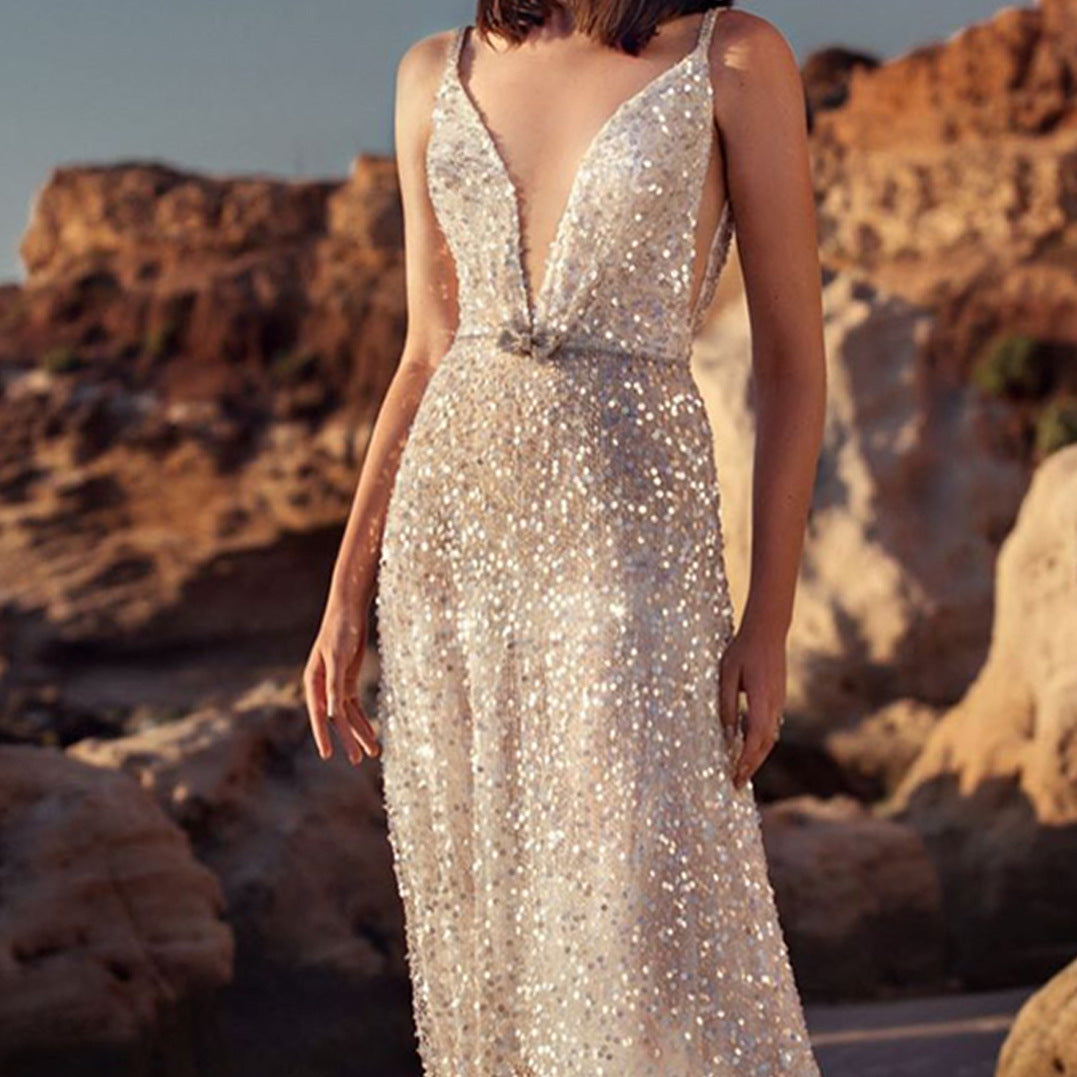 Damen-Slipkleid, V-Ausschnitt, Paillettenstoff, eleganter ausgestellter Rock-4
