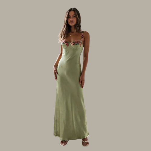 Elegantes Damenkleid aus Satin mit bestickten Blumen und schmaler Passform – Perfekt für Gartenpartys und Sommerabende 1