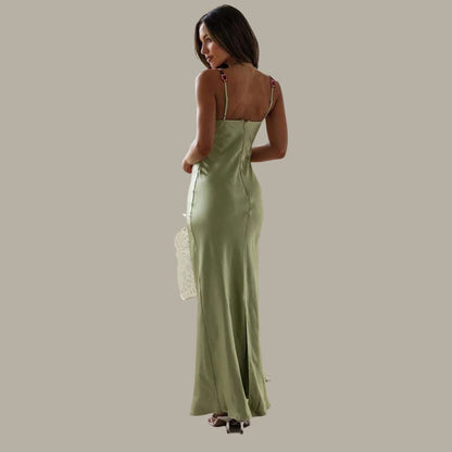 Elegantes Damenkleid aus Satin mit bestickten Blumen und schmaler Passform – Perfekt für Gartenpartys und Sommerabende 6
