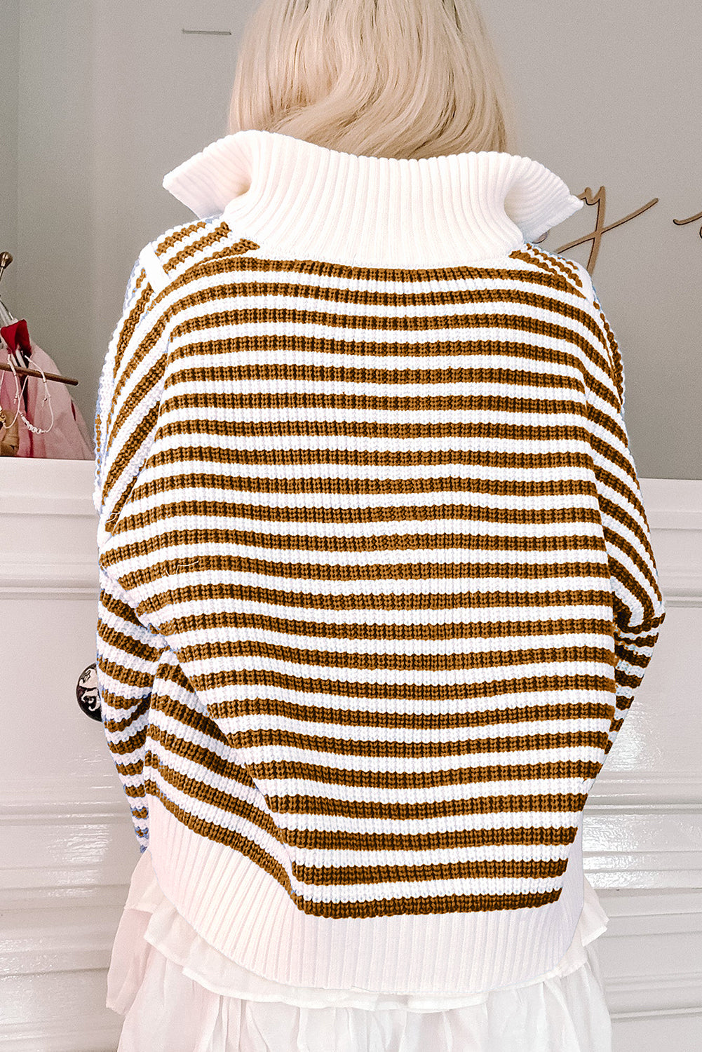 Damenpullover mit Reißverschluss, gestreift, aus 100% Baumwolle, mit Overlay-Schultern-4