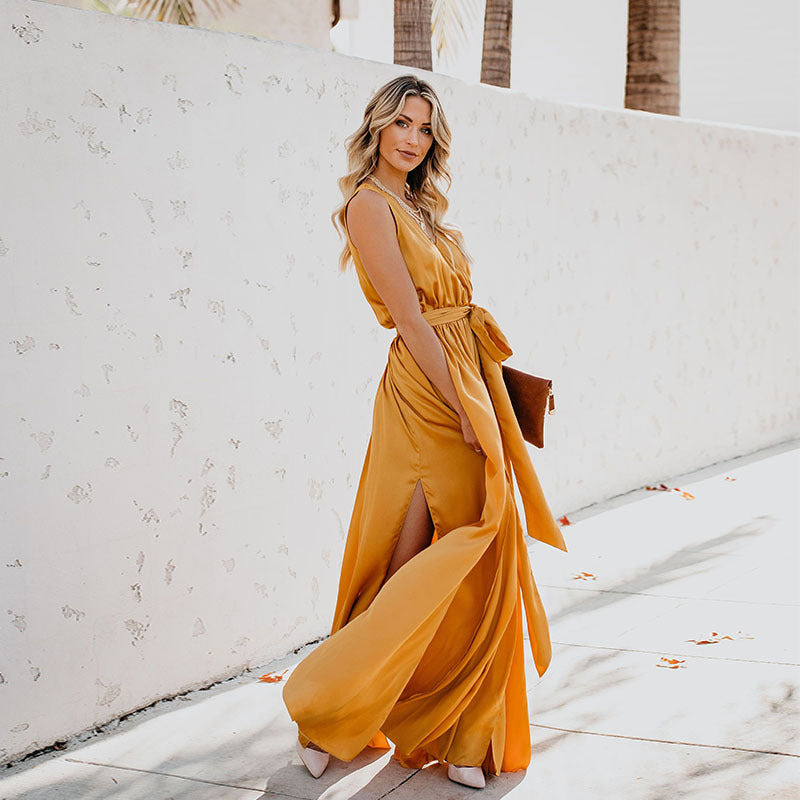 Damen-Kleid Ärmellos Lang Hochwertiger Stoff-1