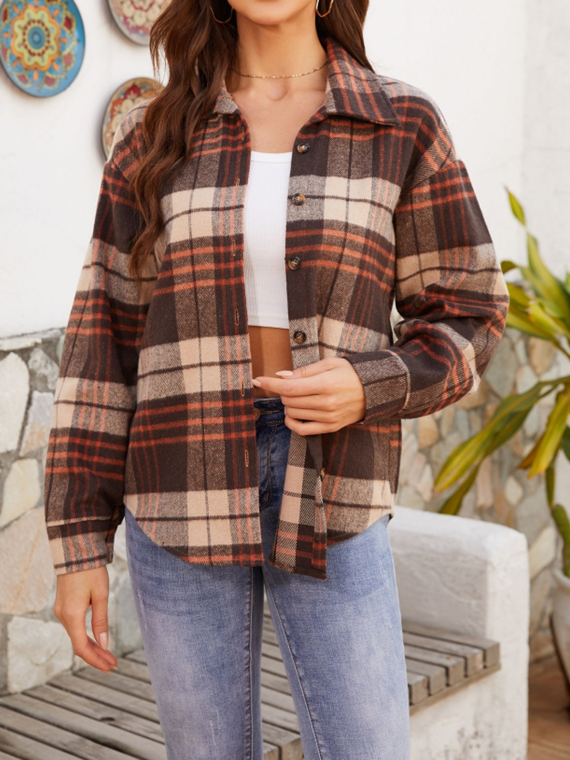 Damen-karierte Hemdjacke, weiche stofflose Passform-1