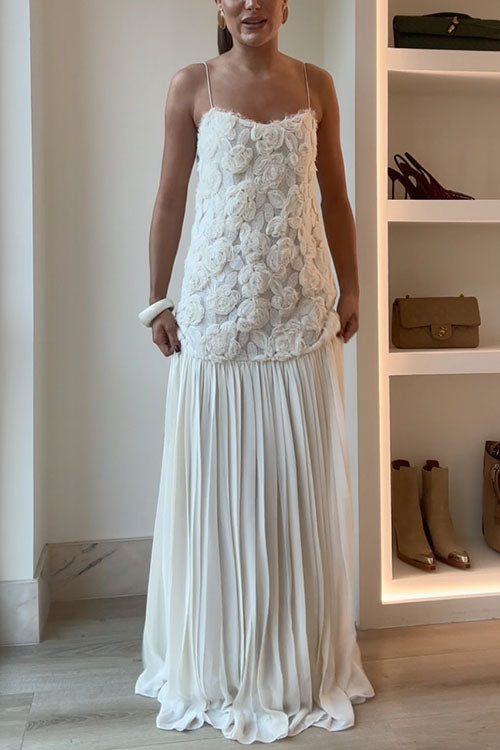 Damen-Maxikleid, Blumen-Applikation, Spaghettiträger, Baumwolle, Polyester-2
