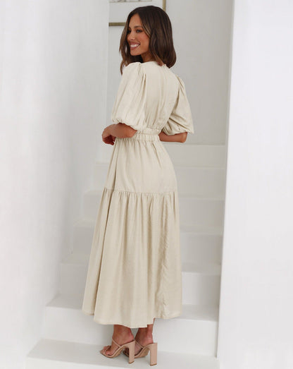 Damen-Kleid, V-Ausschnitt, Puffärmel, fließender Stoff-4
