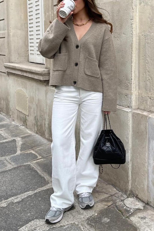 Damen-Strickjacke, V-Ausschnitt, Baumwolle und Polyester, mit Knopfverschluss und Taschen-6