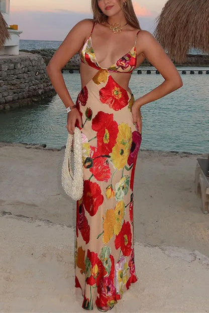 Damen-Maxikleid, V-Ausschnitt, Blumenmuster, aus Baumwollmix für Sommer-4