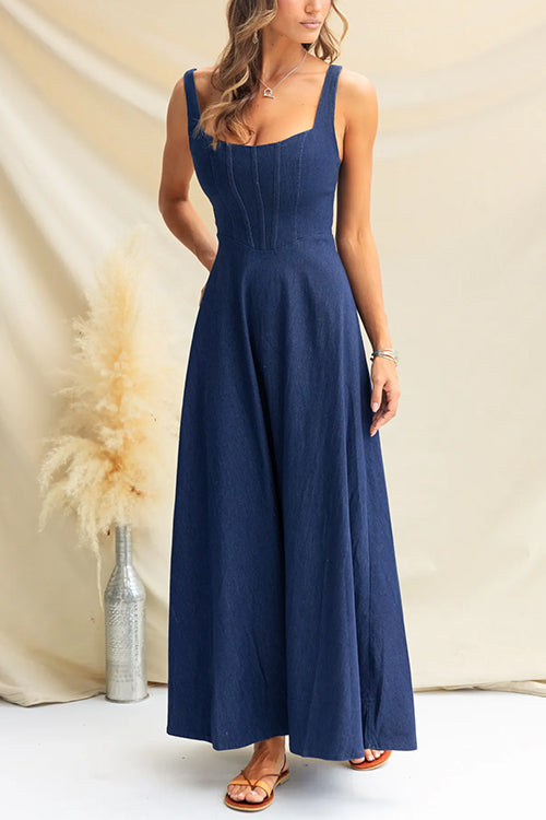 Maxikleid Damen Verstellbare Denim Ärmellos Fließender Stil-2