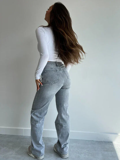 Damen-Jeans High Waist Gerader Schnitt Hochwertiger Denim-4