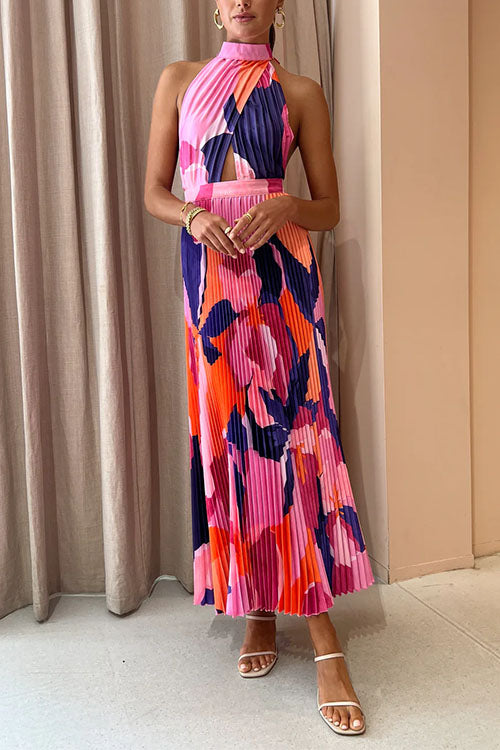 Maxikleid Damen Rückenfrei Baumwolle Polyester mit Print-1