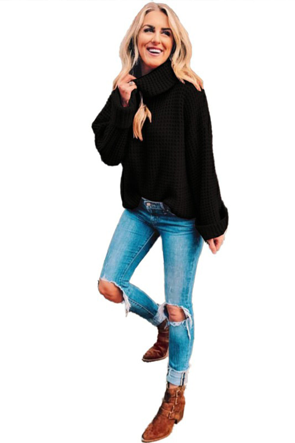 Damen-Strickpullover, hoher Kragen, Polyester, lange Ärmel-6